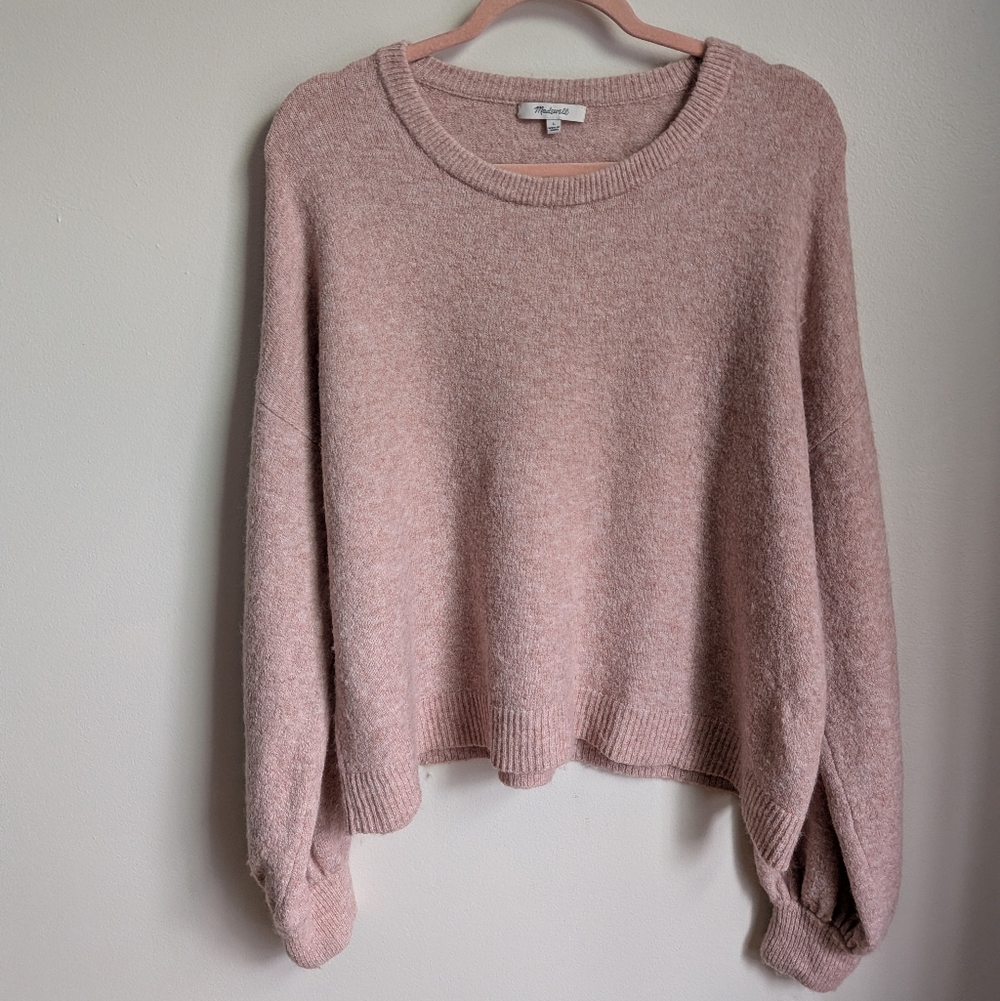 MADEWELL Cream Alpaca Puff Sleeves Dainty Knit Crewneck Sweater Size Large